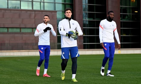 Hakim Ziyech, Kepa Arrizabalaga and Antonio Rüdiger at Chelsea training last month.