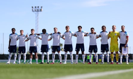 Alex Scott (third left) and his England Under-20 teammates before last month’s friendly against France in Spain.