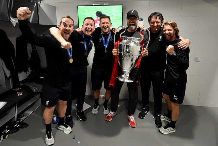 Pep Lijnders (second left) celebrates the European Cup win over Spurs with Jurgen Klopp and other members of the Liverpool coaching staff