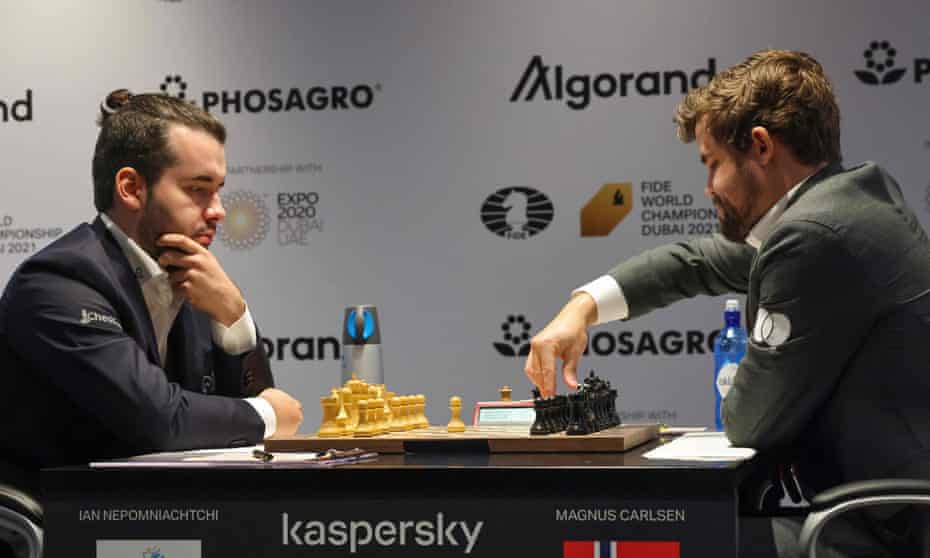 carlsen draws first blood against nepomniachtchi in world title battle world chess championship 2021 the guardian