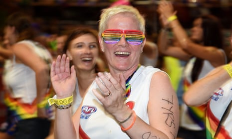 Participants are seen taking part in the 38th annual Gay and Lesbian Mardi Gras parade, in Sydney, Saturday, March 5, 2016. Organisers say this year’s parade will involve 10,000 participants and over 170 floats. (AAP Image/Dan Himbrechts) NO ARCHIVING