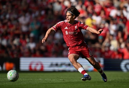 Milos Kerkez in action at Anfield on the final day of the Premier League season in their new kit.