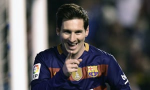 Barcelona’s Lionel Messi hits the net for their second goal.