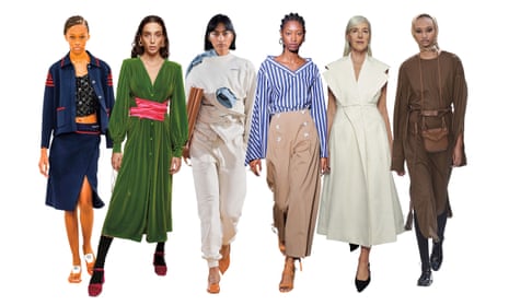 A composite of images of models wearing the looks of the 2021: the smart cardigan, Miu Miu; the 18-hour dress, Vernisse; the sweatpants, Y Project; the Saturday-morning blouse, Adeam; the grown-up flat shoe, Max Mara; the toffee-coloured bag, Emilia Wickstead.
