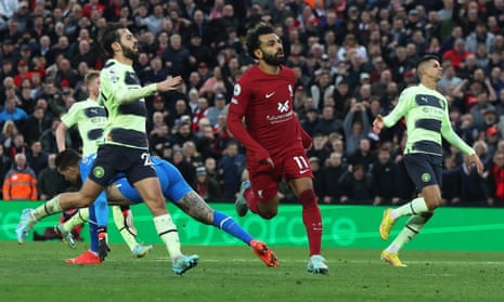Mohamed Salah celebrates after scoring Liverpool’s decisive goal against Manchester City.