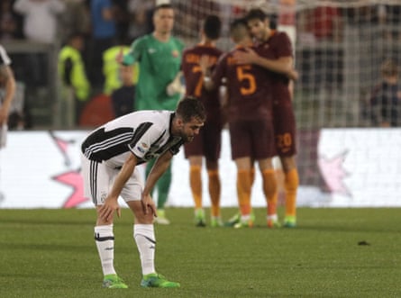 Juve’s Miralem Pjanic reacts at the end of the game.