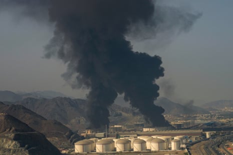 Fire and plumes of smoke rise from an oil facility in Fujairah, United Arab Emirates, Saturday, March 14, 2026.