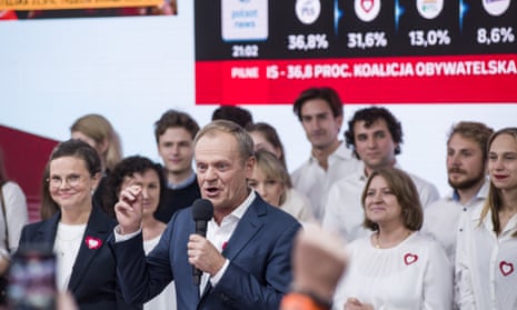 Civic Coalition leader Donald Tusk speaking during election night in Warsaw, 15 October 2023