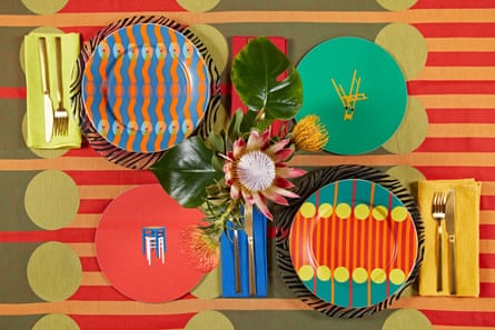 Yinka Ilori’s new homewares including the Aami Aami dinner plate, Omi dinner plate, the Parable place mats and the Aami Aami tablecloth