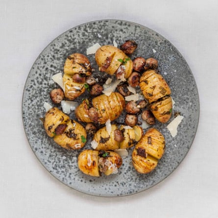 Claire Thomson’s hasselback baked potatoes with spicy sausages.