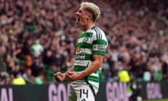 Celtic's Luke McCowan celebrates after putting his team 2-0 up against Hearts.