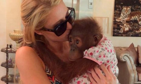 Paris Hilton holding an orangutan in Dubai