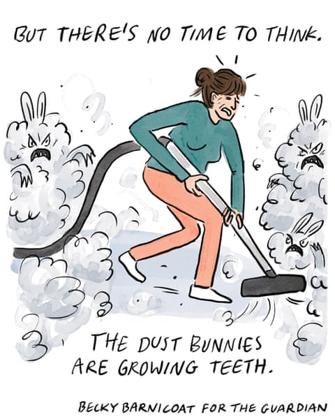 A series of cartoon images of a woman trying to tackle dust in her home., panel 4