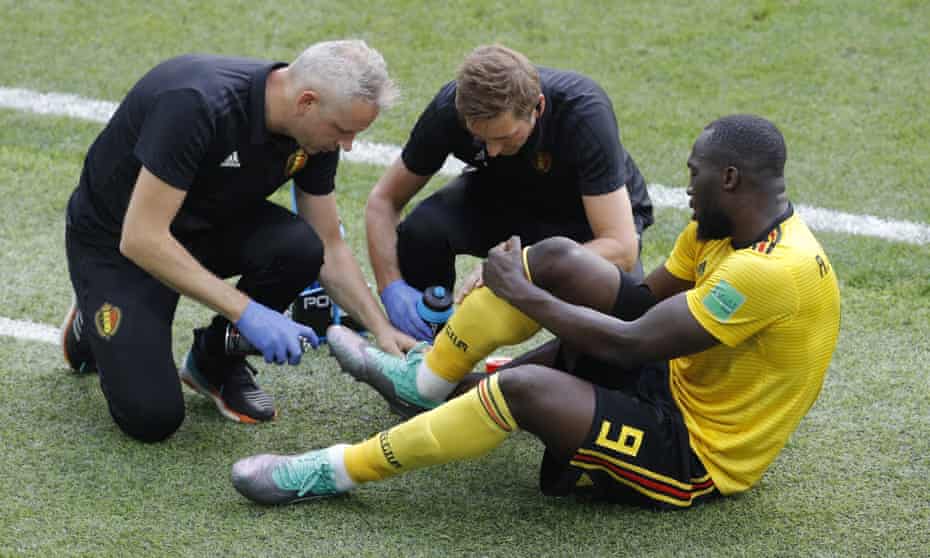 Belgium’s Romelu Lukaku receives treatment during the World Cup win over Tunisia in which he scored twice.