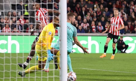 Ivan Toney watches over his shoulder as his flicked backheel heads towards the Brighton goal