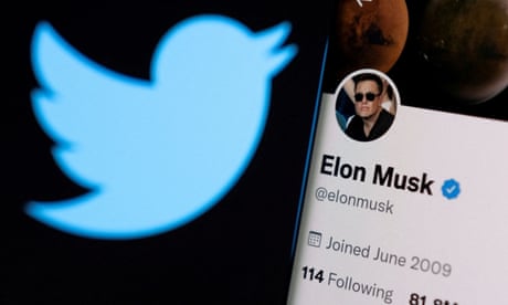 A photo illustration shows Elon Musk's twitter account and the Twitter logo