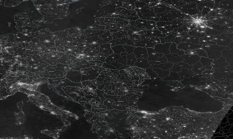 A greyscale satellite image indicating the night radiance of Europe from space on 23 November, 2022.