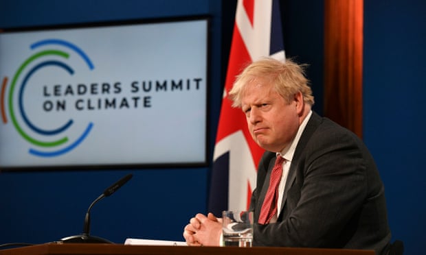 Boris Johnson speaks at a virtual global leaders’ summit on climate from Downing Street in April
