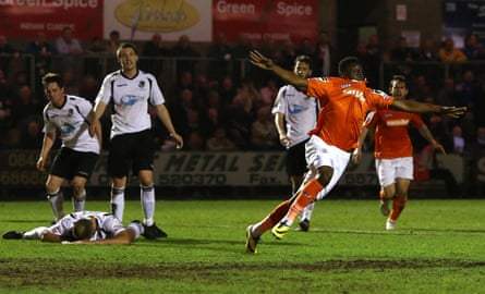 Pelly Ruddock Mpanzu scores for Luton against Dartford during National League match in 2014.
