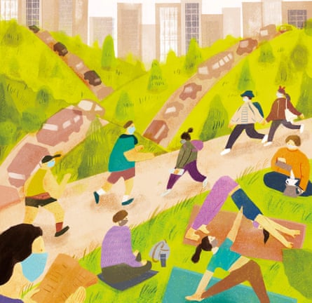 Illustration of people wearing face masks exercising in a park, with tower blocks behind and cars on the road