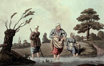 Three women wading in a stream gathering leeches. Coloured aquatint by R Havell, 1814, after G Walker.