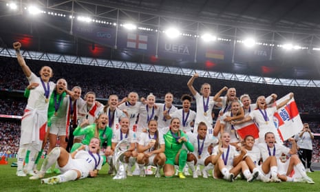 England Women celebrate at Wembley after beating Germany to win the Euros in July
