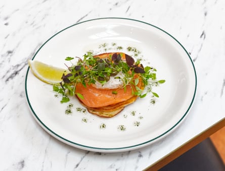 ‘And all for £11.30’:Severn and Wye oak smoked salmon with warm potato pancake, caperberries and soft herbs creme fraiche, at Dorothy & Marshall, Bromley.