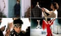 Four images together, clockwise from top left: John Galliano standing in a doorway; Audrey Tautou in Coco Before Chanel; Audrey Hepburn in Funny Face; Ben Stiller in Zoolander.