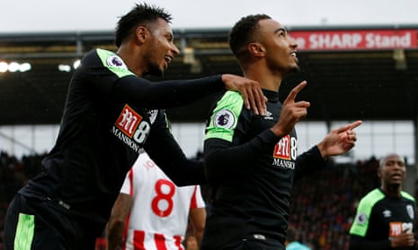 Bournemouth’s Junior Stanislas celebrates with Lys Mousset after scoring their second goal against Stoke.
