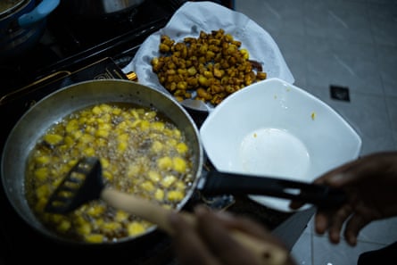 Plantain cooking in a pan