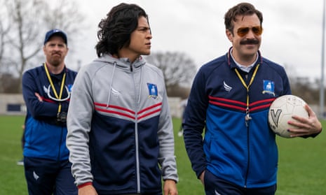 Back of the net ... Brendan Hunt, Cristo Fernández and Jason Sudeikis in season two of Ted Lasso.