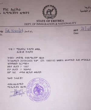 The document sent by the Eritrean government saying the man held is Behre