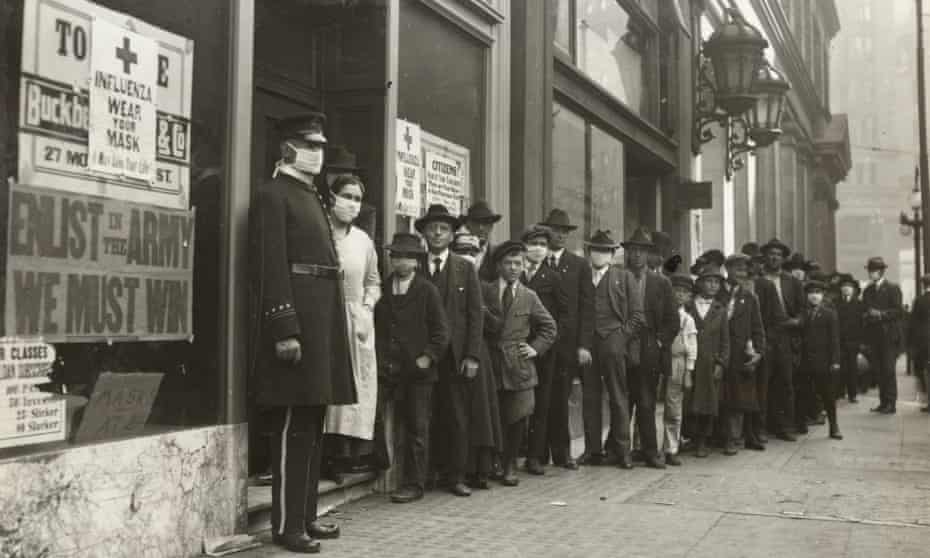 A queue in San Francisco during the Spanish flu epidemic, 1918.