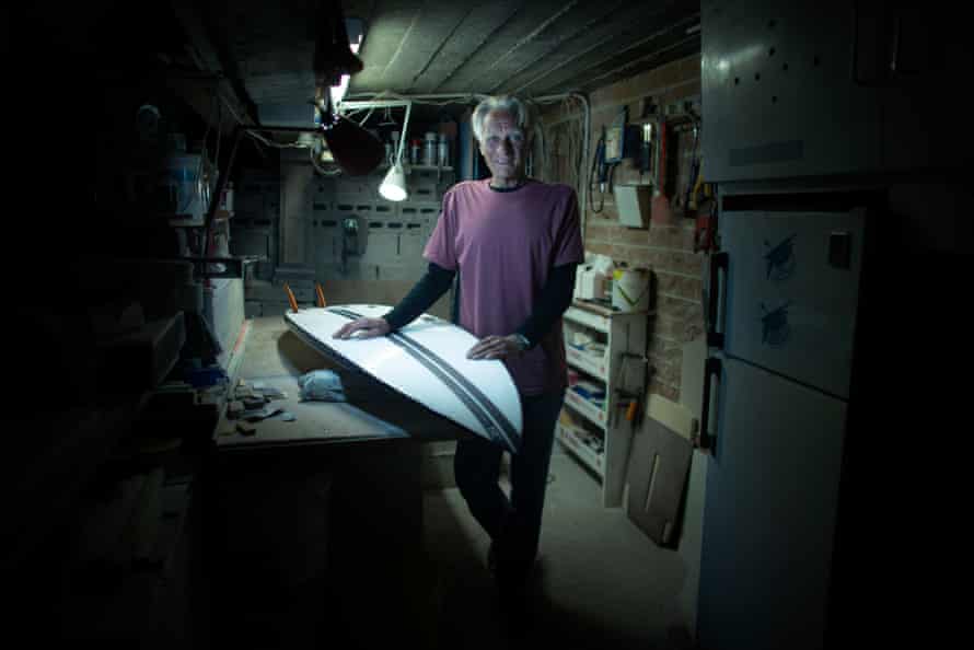 Surfboard repairer Barry ‘Baz’ Whiteman in his workshop under his house