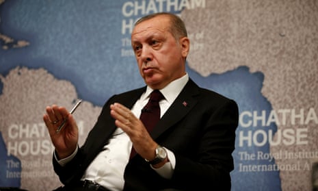 Recep Tayyip Erdoğan speaks at Chatham House in central London.