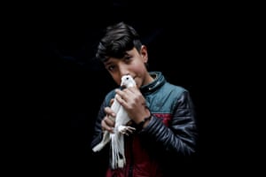 Şanlıurfa, Turkey Sahin Suna, aged 12, who has been breeding birds for four years, with one of his doves at a pigeon market in the southern city.