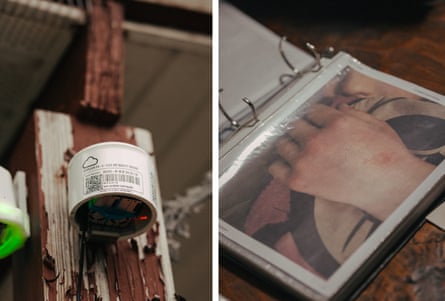 Side-by-side images of an air monitor against a wooden post, and a binder with an image of rashes on a person's hand