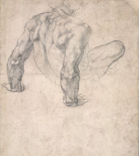 A sketch of a muscular figure seen from behind resting on his hands. 