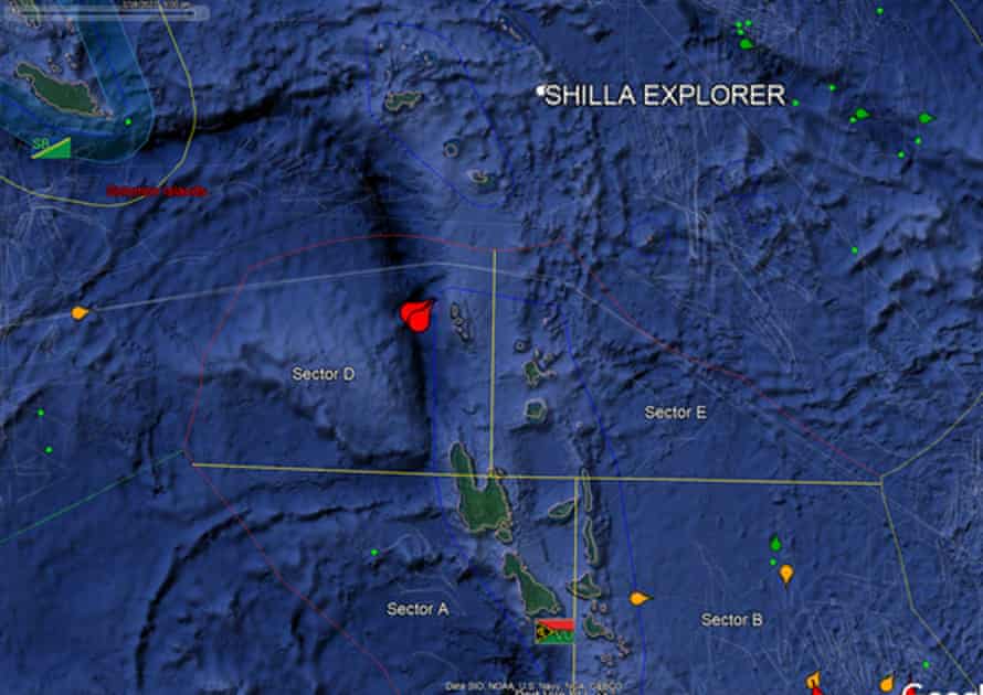 A satellite image showing the location - indicated by red pins - where two Chinese vessels, suspected of illegal fishing, were detained by Vanuatu authorities.