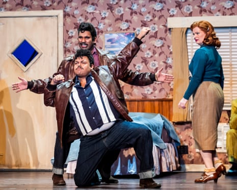 Channelling the Fonz … Darwin Prakash and Joshua Blue as Guglielmo and Ferrando, with Lucy Crowe as Fiordiligi.