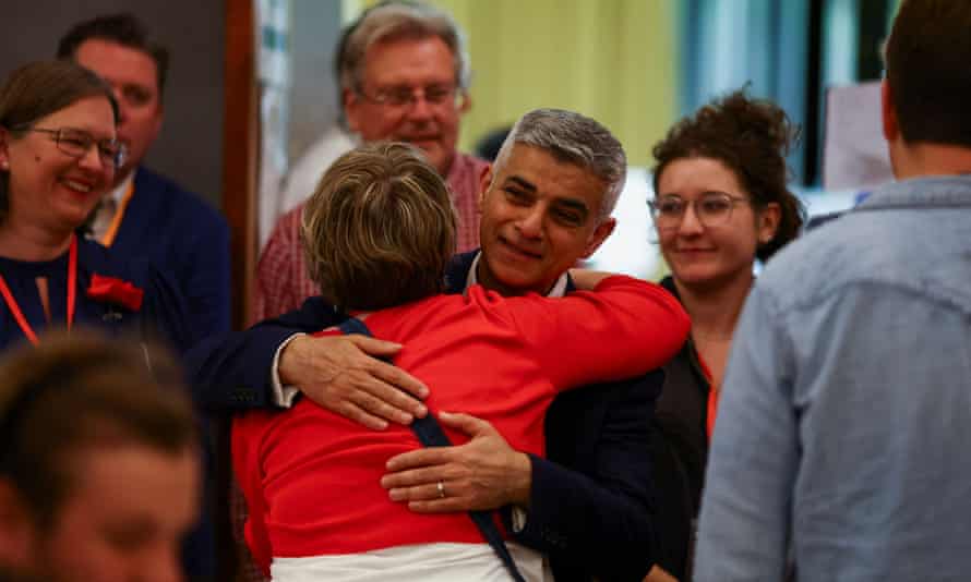 London Mayor Sadiq Khan with Labor supporters at Wandsworth Town Hall.