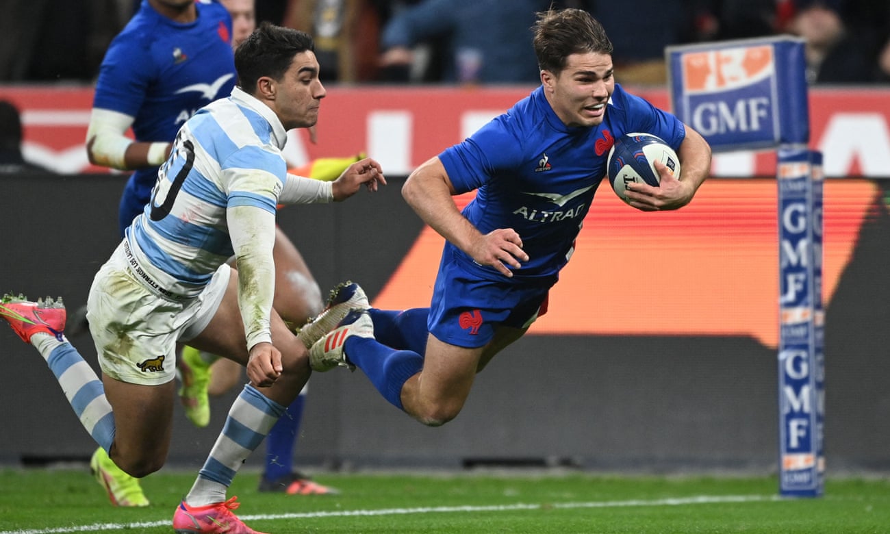 Antoine Dupont dives to score a try for France against Argentina at the Stade de France in November.