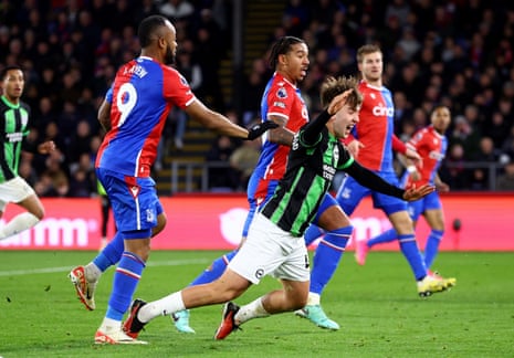 Brighton & Hove Albion's Jack Henshilwood went down under pressure from Crystal Palace's Jordan Ayew but was not awarded a penalty kick.