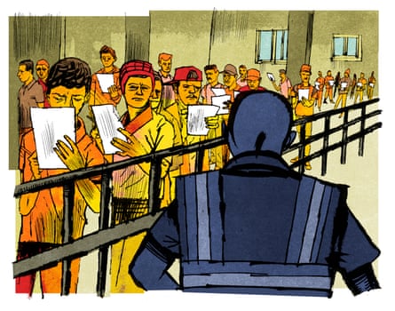 Illustration of Amazon workers behind fencing as a security guard looks on.