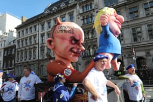 People’s Vote activists unveil an effigy of Boris Johnson as a puppet operated by his adviser Dominic Cummings.
