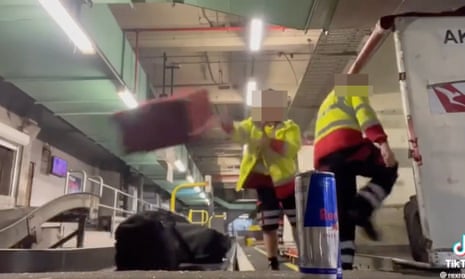 Baggage handlers at Qantas throwing bags around with blurred out faces