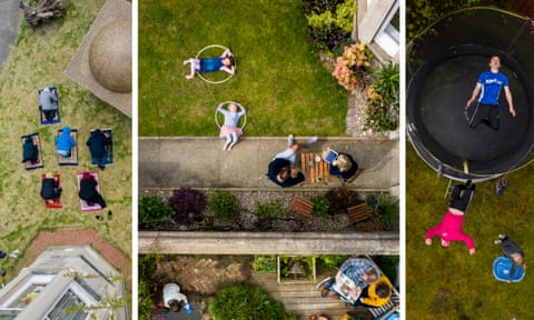 Three drone photographs of Edinburgh gardens from above: a family praying on prayer mats; children playing with Hula-Hoops while their parents sit at a table; and boys playing on a trampoline