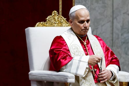 Pope Leo XIV holding a rosary astatine St Peter’s, Vatican City,