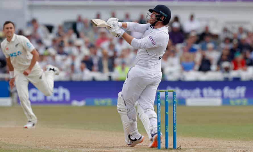 Jonny Bairstow hooks Trent Boult for six during England's fifth-day chase against New Zealand.