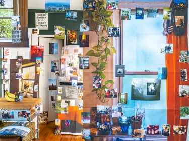 An interior filled with pictures of people and places
